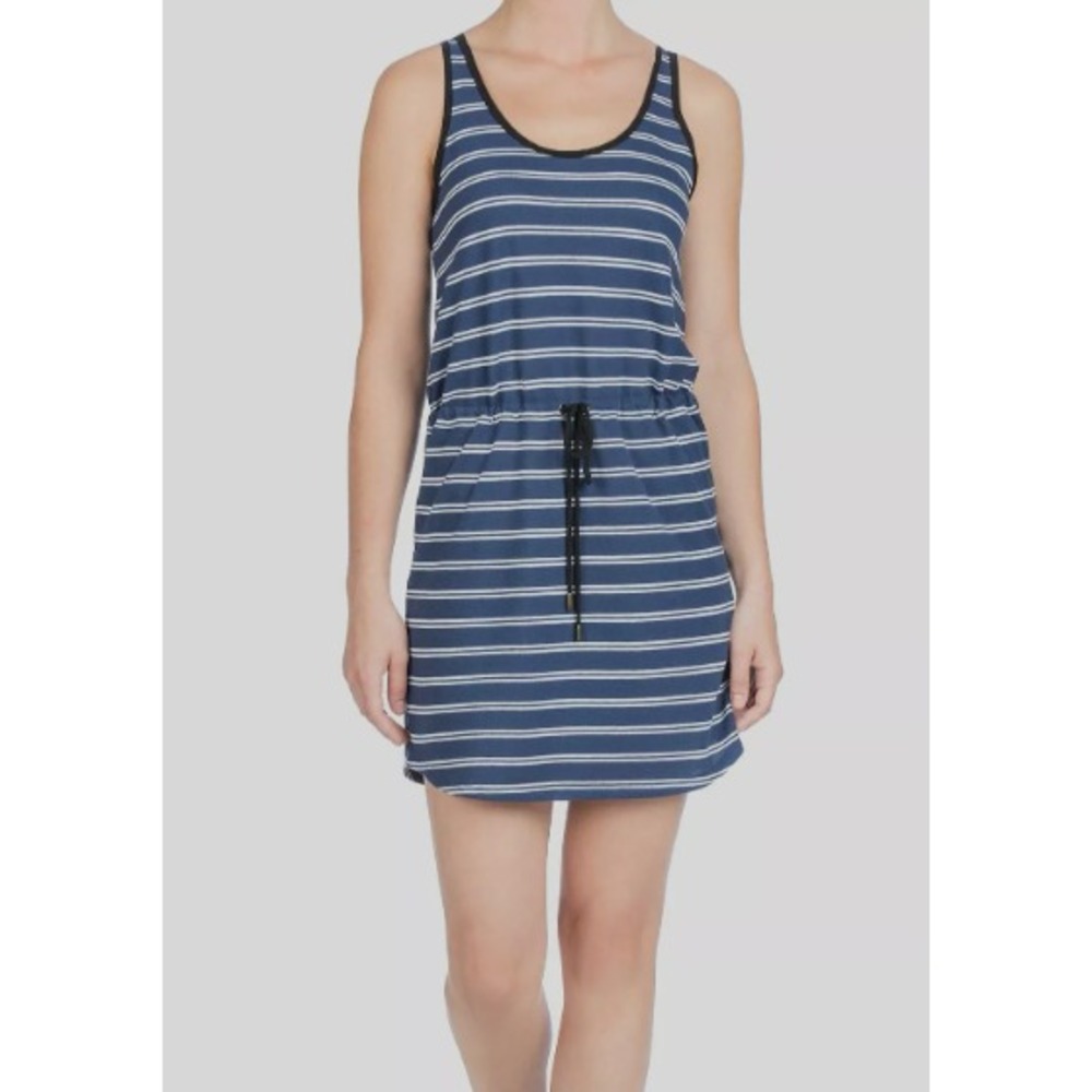 $136 Lilla P Women's Blue Striped Tie-Waist Sleeveless Blouson Dress Size L #76